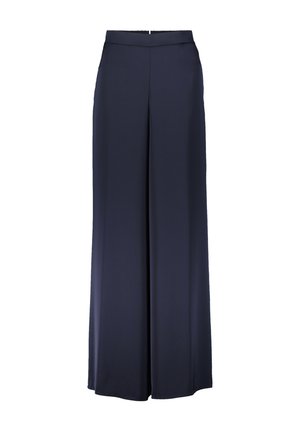Navy breite Beinkleider aus glattem Stoff mit hoher Taille und klaren Linien, ausgestattet mit einem schlichten Vorderverschluss und ohne Taschen.