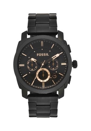 Czarny zegarek na rękę Fossil z wskazówkami w kolorze złotym, trzema subtarczami, okienkiem daty o godzinie 4, teksturowaną ramką i metalową bransoletą.