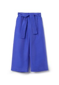 Culottebroek in heldere blauwe stof, met een wijd beenontwerp, hoge taille en een gestrikt riemdetail bij de taille.