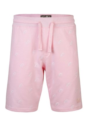 Rosa Baumwollshorts mit Kordelzugbund, die ein wiederholendes Muster aus weißen Eis am Stiel zeigt, sowie einem kleinen Stoffetikett am Saum.