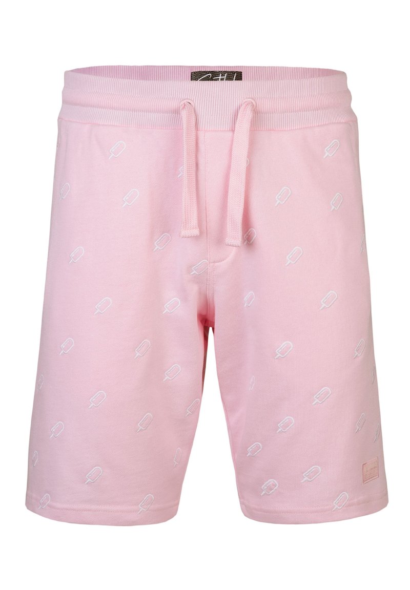 Rosa Baumwollshorts mit Kordelzugbund, die ein wiederholendes Muster aus weißen Eis am Stiel zeigt, sowie einem kleinen Stoffetikett am Saum.