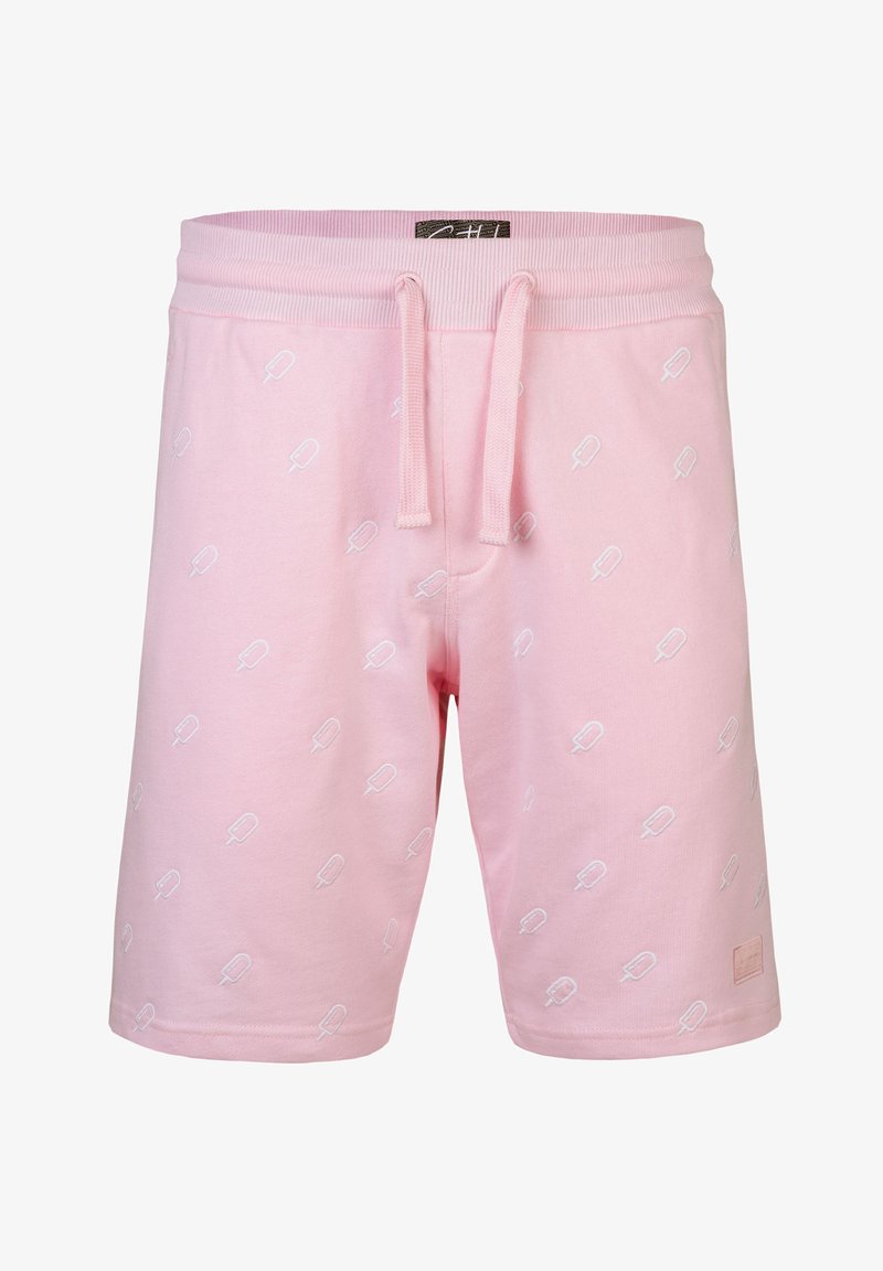 Pink cotton shorts with a drawstring waistband, featuring a repeating white popsicle pattern and a small fabric tag on the hem.