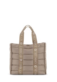 Sac fourre-tout beige rembourré avec un design matelassé plat et des poignées en tissu doubles portant le logo "HEY MARLY". Des accents en laiton ajoutent une touche de détail.