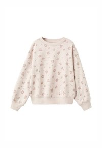 Beige pulover s krojem okroglega izreza s svetlo rjavimi leopardjimi pikami ter rebrastimi manšetami in robom.