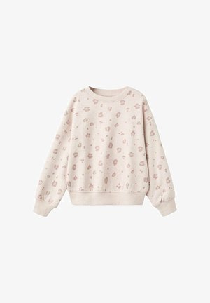 Beige pulover s krojem okroglega izreza s svetlo rjavimi leopardjimi pikami ter rebrastimi manšetami in robom.