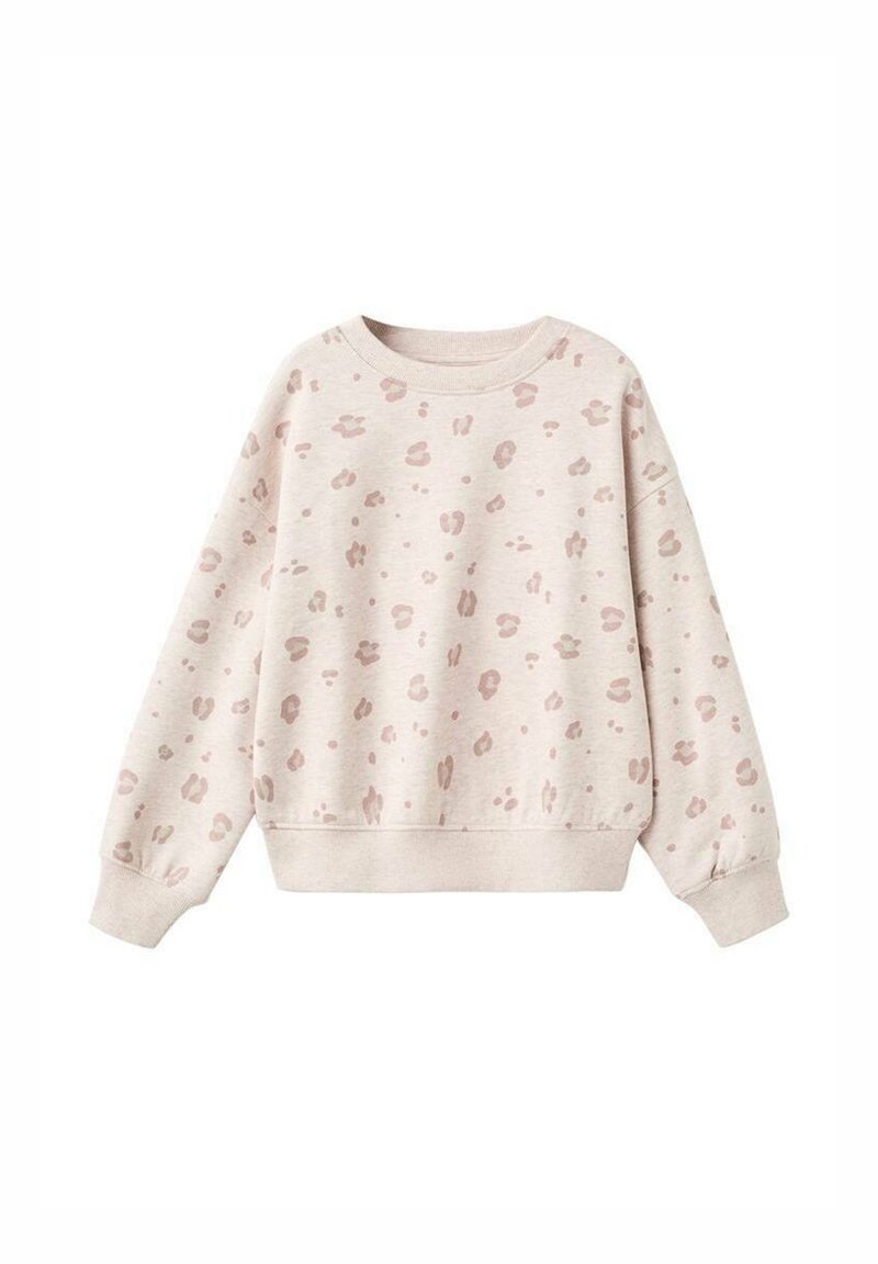 Beige pulover s krojem okroglega izreza s svetlo rjavimi leopardjimi pikami ter rebrastimi manšetami in robom.