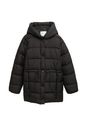 Musta puhvitakki hupulla, jossa on nappilukko, tikattu muotoilu, naru vyötärölle ja pehmeä, sileä pinta.