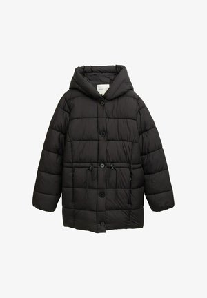 Musta puhvitakki hupulla, jossa on nappilukko, tikattu muotoilu, naru vyötärölle ja pehmeä, sileä pinta.