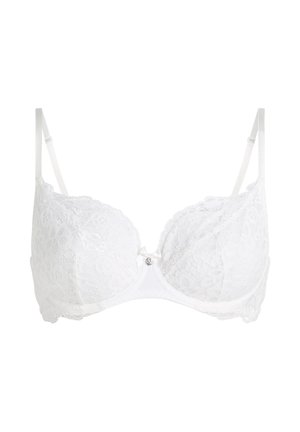 Soutien-gorge blanc en dentelle avec armatures, bretelles réglables et petit nœud décoratif avec bijou au centre devant.