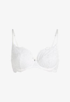 Soutien-gorge blanc en dentelle avec armatures, bretelles réglables et petit nœud décoratif avec bijou au centre devant.