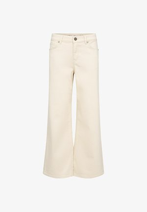 Pantaloni largi off-white cu nasture frontal, bucle pentru curea și design cu cinci buzunare, afișați pe un fundal alb.