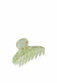 Pince à cheveux verte translucide avec un dessus arrondi, ornée de perles colorées et de plusieurs griffes pour un maintien sûr.