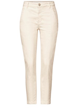 Beige katoenen broek met een slim fit, voorzien van zijzakken, een knoopsluiting en verticale stiksels langs de zijkanten.