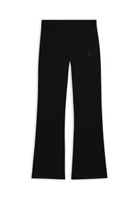 Pantalones negros acampanados hechos de una tela elástica con una textura suave, que cuentan con una cinturilla y un sutil logotipo brillante en la parte delantera.