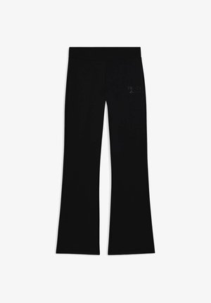 Pantaloni a palazzo neri realizzati in tessuto elastico con una consistenza liscia, dotati di vita alta e un logo scintillante discreto sul davanti.