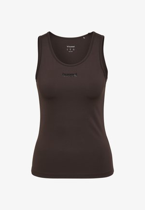 Bruine sportieve tanktop gemaakt van gladde, rekbare stof. Heeft een ronde halslijn en een klein zwart logo op de voorkant gedrukt.