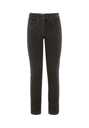 Pantaloni slim-fit in corduroy grigio scuro con tasche frontali, passanti per la cintura e chiusura con zip.