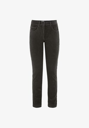 Dunkelgraue schmale Cord-Hosen mit Vorderentaschen, Gürtelschlaufen und einem Reißverschluss.