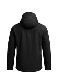 Zwart hooded jack met lange mouwen, verstelbare manchetten en een rechte zoom, van achteren weergegeven op een witte achtergrond.