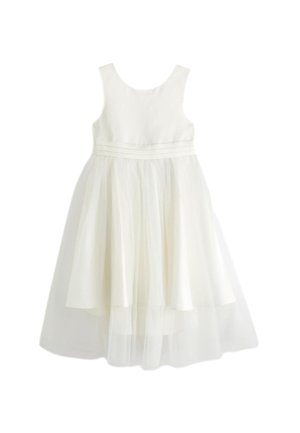 Vestido blanco sin mangas para niña con cuerpo ajustado, cintura plisada y falda de tul en capas.