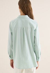 Femme aux longs cheveux bruns portant une chemise à manches longues à rayures verticales vert clair et blanc, vue de dos.
