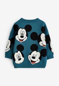 Maglione teal con facce di Topolino in stile cartone animato in bianco e nero, con diverse espressioni. Tessuto a maglia morbida e vestibilità rilassata.