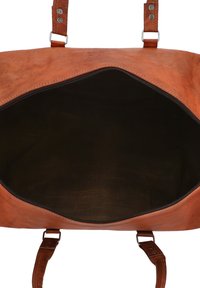 Brown leather duffel bag with two shoulder straps and a zippered closure, featuring a spacious interior with a dark lining and no additional pockets.