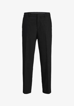 Black trousers made of smooth fabric, featuring a straight cut, belt loops, and a flat front design with no visible patterns or embellishments.