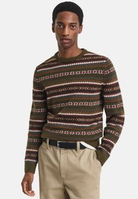 Maglione lavorato a maglia di colore verde scuro con strisce e fantasie orizzontali multicolori. Presenta un collo rotondo e polsini a costine. Abbinato a pantaloni kaki.