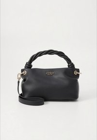 Black leather handbag with a twisted handle, gold-tone hardware, and brand logo. Includes a detachable strap for crossbody use.