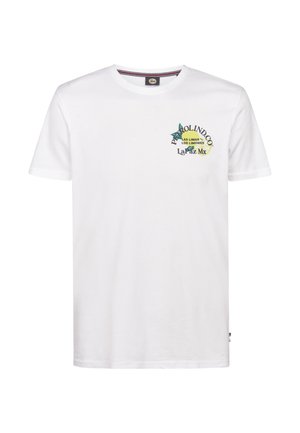 Tricou alb din bumbac cu un desen colorat ce include textul "Palolindo Co," un design cu lămâie și „La Paz Mx,” situat în zona pieptului stâng.