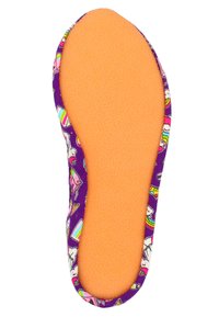 Innenschuhsohle mit einer strukturierten orangefarbenen Basis und einer lila Oberseite, die mit einem Muster aus Einhörnern, Regenbögen und Desserts verziert ist, umgeben von einem mehrfarbigen Rand.