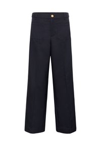 Pantalons larges bleu marine en tissu à texture lisse. Dotés d'une fermeture à bouton et de quatre poches avec des détails de couture minimalistes.