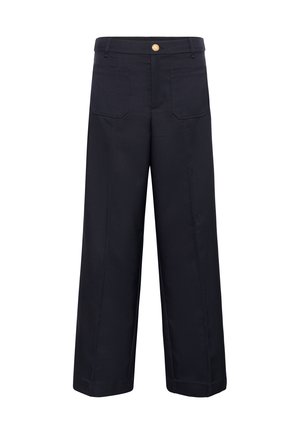 Pantalons larges bleu marine en tissu à texture lisse. Dotés d'une fermeture à bouton et de quatre poches avec des détails de couture minimalistes.