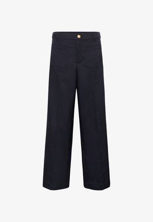Pantalons larges bleu marine en tissu à texture lisse. Dotés d'une fermeture à bouton et de quatre poches avec des détails de couture minimalistes.