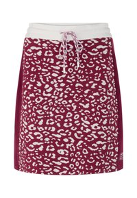 Lila Rock mit weißem Leopardenmuster, elastischem Bund, Kordelzugverschluss und seitlichen Akzenten in einer einfarbigen Farbe.