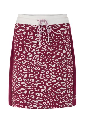 Lila Rock mit weißem Leopardenmuster, elastischem Bund, Kordelzugverschluss und seitlichen Akzenten in einer einfarbigen Farbe.