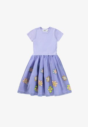 Vestido corto de manga corta color lila claro con un corpiño ajustado y una falda de tul decorada con bordados de flores sonrientes multicolores.