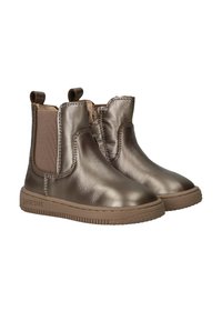Bronzen metallic enkellaarsjes met elastische zijpanelen, ronde neus, textieleer bovenwerk en dikke rubberen zool. Ontworpen met een pull-tab.