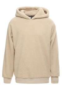 Hoodie en polaire de couleur crème avec une surface texturée et douce. Doté d'une capuche et de poignets côtelés. Coupe standard avec des manches raglan.
