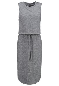 Robe midi grise sans manches avec col rond, taille élastique et cordon de serrage, réalisée en tissu maille doux.