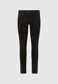 Jeans skinny de mezclilla negra con una forma ajustada, diseño de cinco bolsillos, cierre de botón y detalles de costura mínimos. Textura suave.