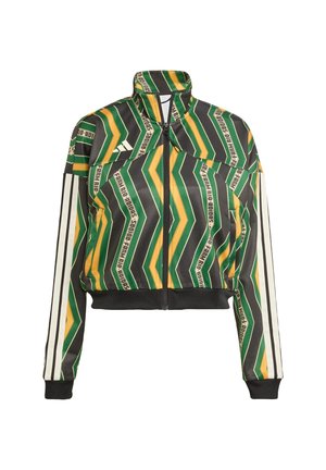 Cropped jacket with a bold chevron pattern in green, yellow, and black. Features a high collar, zip closure, and white striped sleeves.