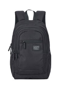 Zaino nero realizzato in tessuto durevole, dotato di numerosi scomparti con cerniera, spallacci imbottiti e dettagli in rete texturizzata sul retro.