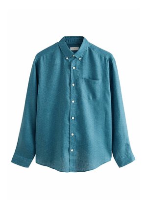 Teal button-up shirt featuring a geometric pattern, long sleeves, a chest pocket, and a classic collar. Made of smooth fabric.