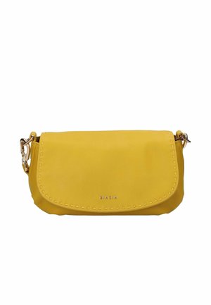Borsa a tracolla in pelle gialla con pattina cucita e fibbie in metallo argento, con piccolo logo "BIASIA" al centro davanti.