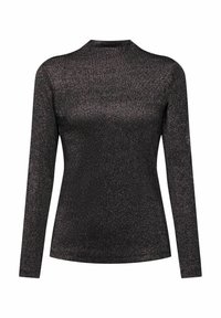 Haut à manches longues en tissu noir chatoyant, avec un col montant et une silhouette ajustée. Texture lisse avec une légère étincelle.