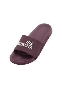 Sandale violette avec une semelle texturée, dotée d'une large sangle marquée du logo blanc "KUBOTA" et d'un motif triangulaire.