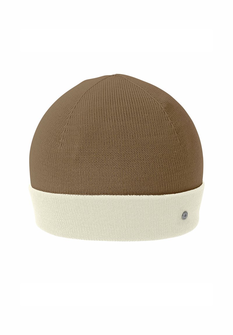 Berretto di lana marrone con risvolto bianco. Presenta una lavorazione a coste sottili e un piccolo logo sul risvolto.