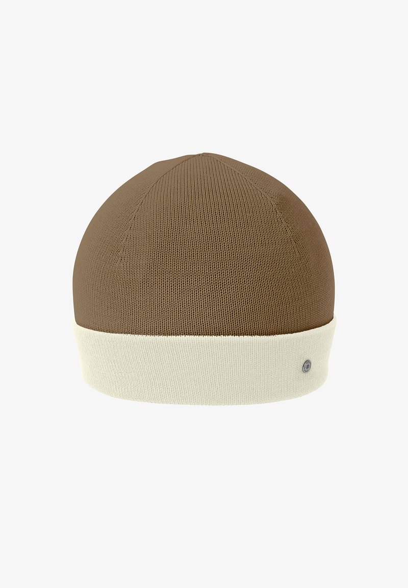 Berretto di lana marrone con risvolto bianco. Presenta una lavorazione a coste sottili e un piccolo logo sul risvolto.